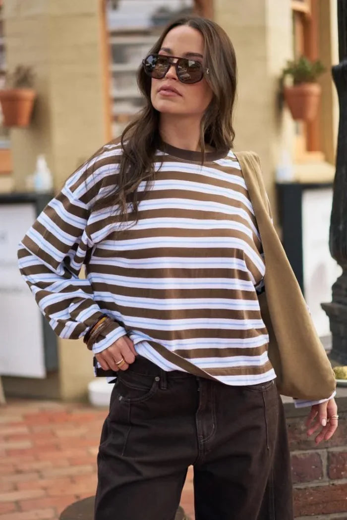 Ceres - Beau Long-sleeved Slouchy Tee - Cocoa/Sky Blue Stripe