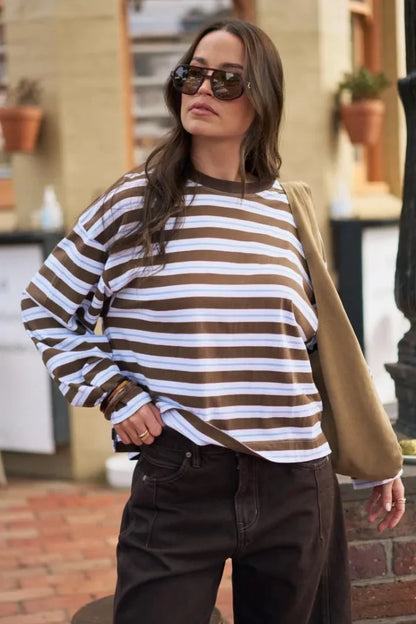 Ceres - Beau Long-sleeved Slouchy Tee - Cocoa/Sky Blue Stripe