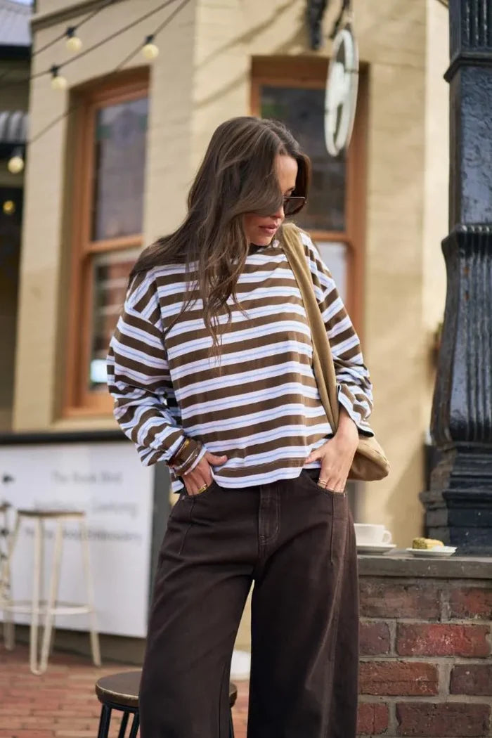 Ceres - Beau Long-sleeved Slouchy Tee - Cocoa/Sky Blue Stripe