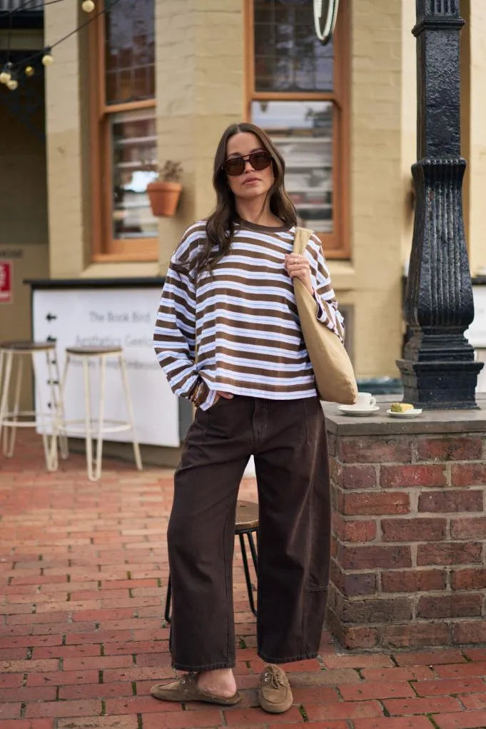 Ceres - Beau Long-sleeved Slouchy Tee - Cocoa/Sky Blue Stripe