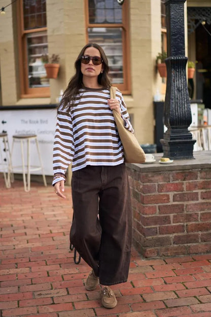 Ceres - Beau Long-sleeved Slouchy Tee - Cocoa/Sky Blue Stripe
