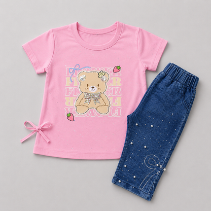 Cute Teddy Denim Capri Casual Set