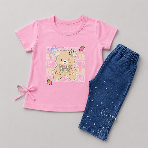 Cute Teddy Denim Capri Casual Set