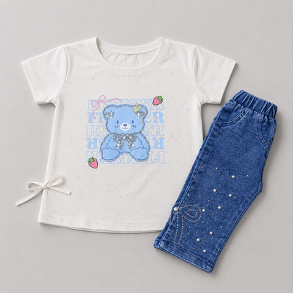 Cute Teddy Denim Capri Casual Set