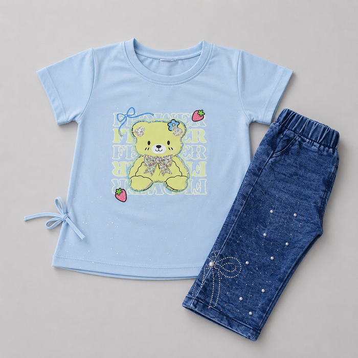 Cute Teddy Denim Capri Casual Set