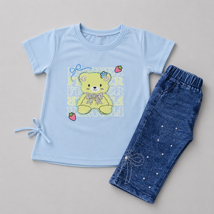 Cute Teddy Denim Capri Casual Set