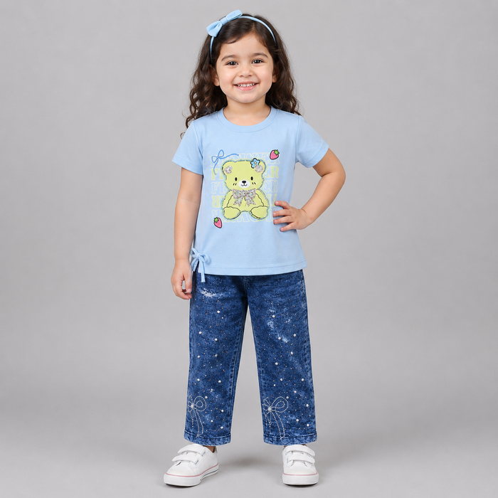 Cute Teddy Denim Capri Casual Set
