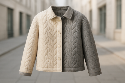 a short jacket detailed in light street background Double Sided Quilted Poly Wool- Oatmeal & Grey