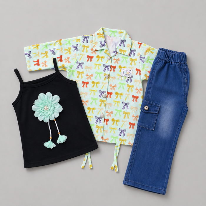 Floral Bow Denim Girls Three Piece Set