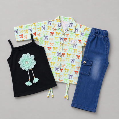 Floral Bow Denim Girls Three Piece Set