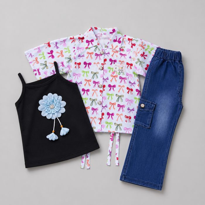 Floral Bow Denim Girls Three Piece Set