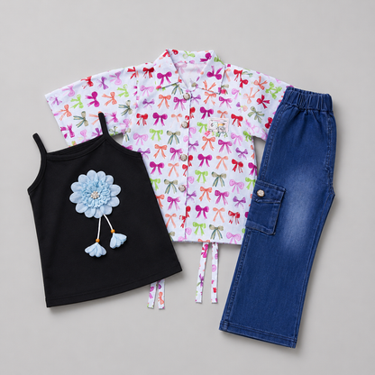 Floral Bow Denim Girls Three Piece Set