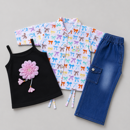 Floral Bow Denim Girls Three Piece Set
