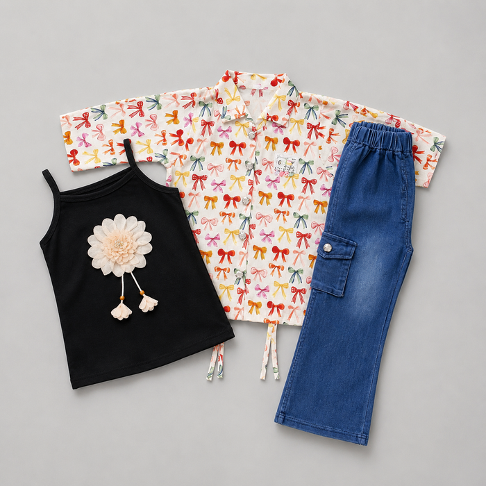 Floral Bow Denim Girls Three Piece Set