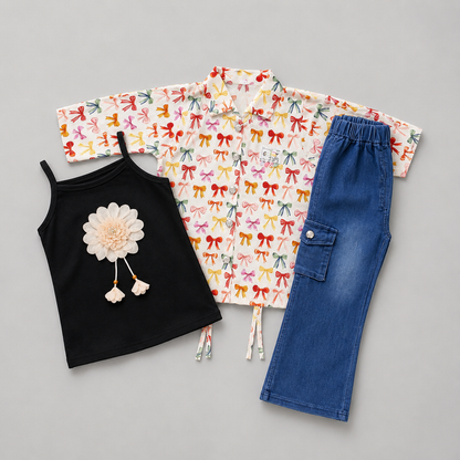 Floral Bow Denim Girls Three Piece Set