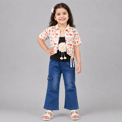Floral Bow Denim Girls Three Piece Set