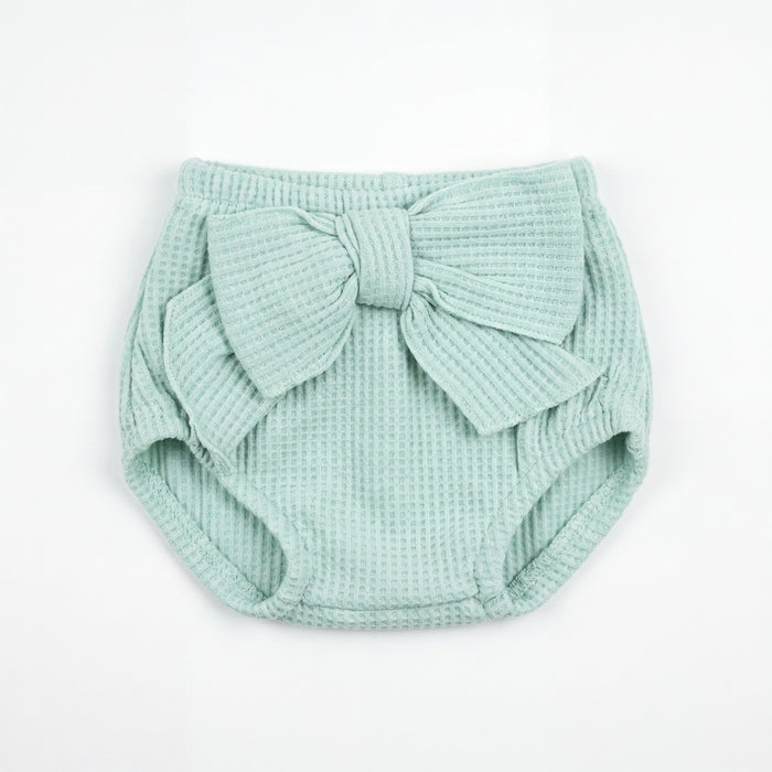 Girl Aquamarine Bow Ruffle Bloomer — view 3 — handcrafted in Spain — AGÜ Baby