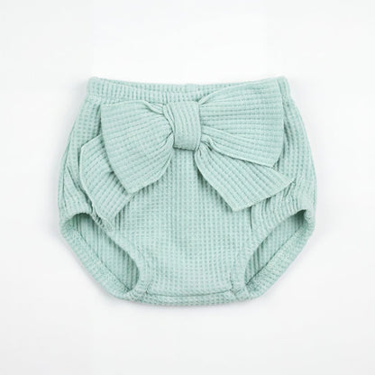 Girl Aquamarine Bow Ruffle Bloomer — view 3 — handcrafted in Spain — AGÜ Baby