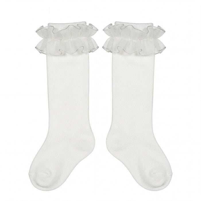 Girl Beige High Socks with Gathered Tulle Strap — AGÜ Baby Spanish baby clothes