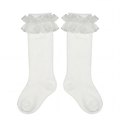 Girl Beige High Socks with Gathered Tulle Strap — AGÜ Baby Spanish baby clothes