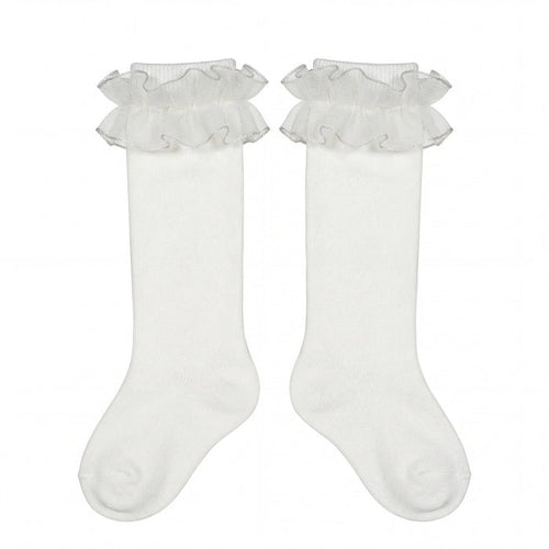 Girl Beige High Socks with Gathered Tulle Strap — AGÜ Baby Spanish baby clothes