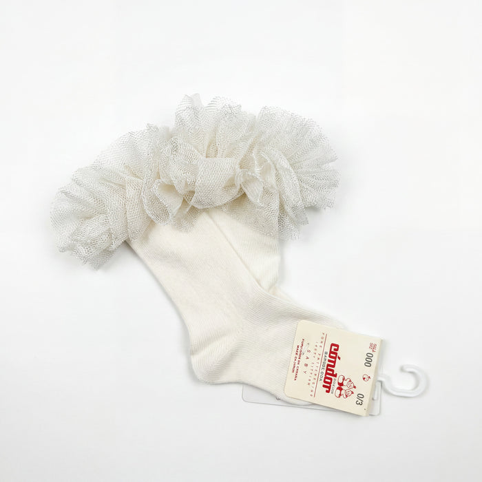 Girl Beige High Socks with Gathered Tulle Strap — view 3 — handcrafted in Spain — AGÜ Baby