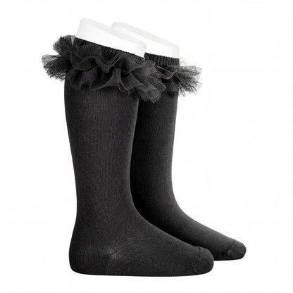 Girl Black High Socks with Gathered Tulle Strap — AGÜ Baby Spanish baby clothes