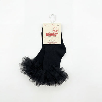 Girl Black High Socks with Gathered Tulle Strap — view 3 — handcrafted in Spain — AGÜ Baby