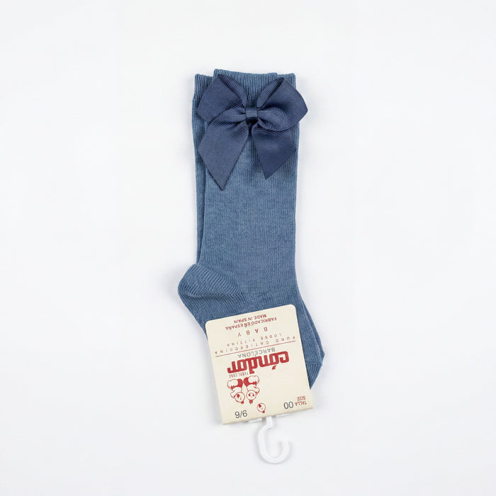 Girl Blue High Socks with Side Bow — view 3 — handcrafted in Spain — AGÜ Baby