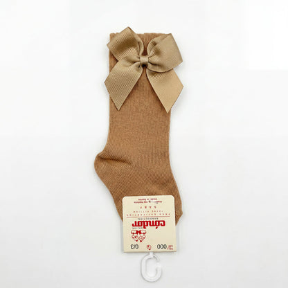 Girl Camel High Socks with Side Bow — view 3 — handcrafted in Spain — AGÜ Baby
