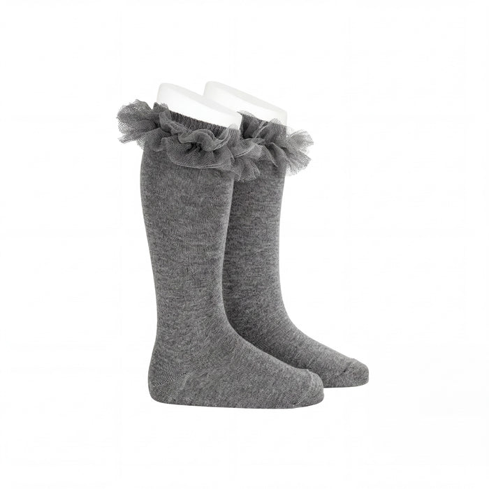 Girl Gray High Socks with Gathered Tulle Strap — AGÜ Baby Spanish baby clothes