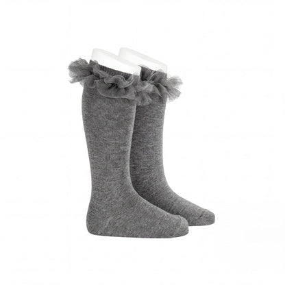 Girl Gray High Socks with Gathered Tulle Strap — AGÜ Baby Spanish baby clothes