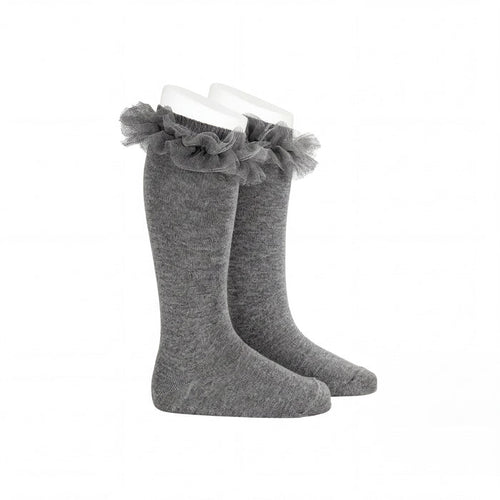 Girl Gray High Socks with Gathered Tulle Strap — AGÜ Baby Spanish baby clothes