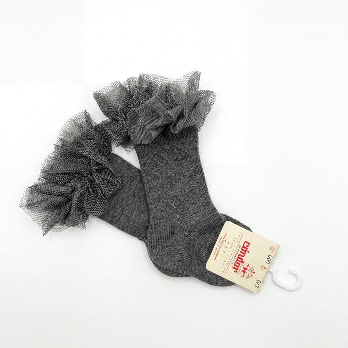 Girl Gray High Socks with Gathered Tulle Strap — view 3 — handcrafted in Spain — AGÜ Baby