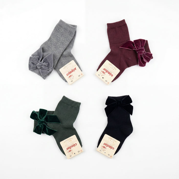Girl Gray High Socks with Side Velvet Bow — view 3 — handcrafted in Spain — AGÜ Baby