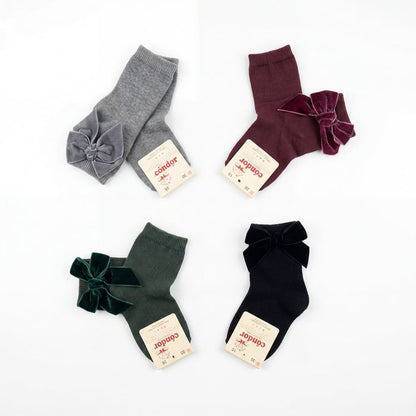 Girl Gray High Socks with Side Velvet Bow — view 3 — handcrafted in Spain — AGÜ Baby