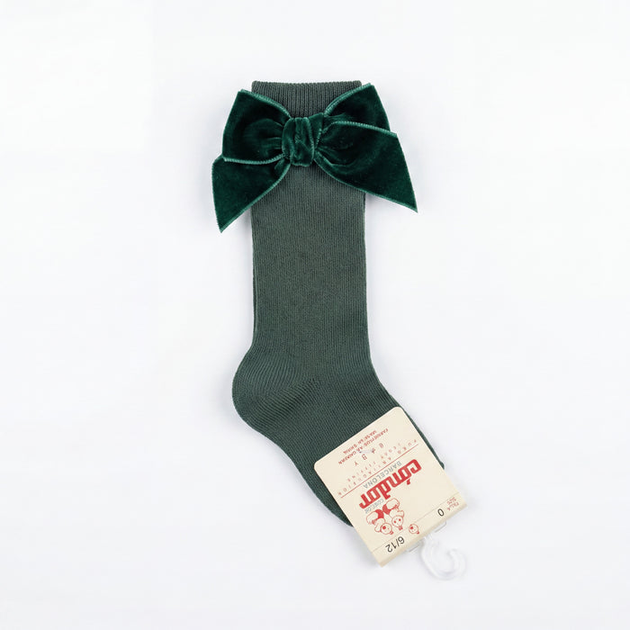 Girl Green High Socks with Side Velvet Bow — view 3 — handcrafted in Spain — AGÜ Baby