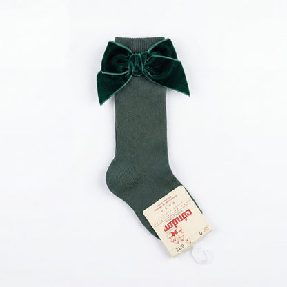 Girl Green High Socks with Side Velvet Bow — view 3 — handcrafted in Spain — AGÜ Baby