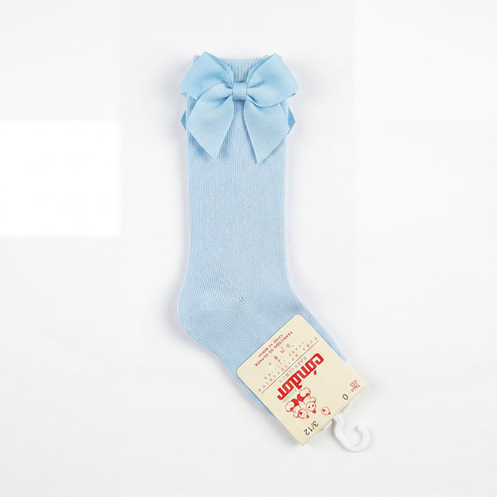 Girl Light Blue High Socks with Side Bow — view 3 — handcrafted in Spain — AGÜ Baby
