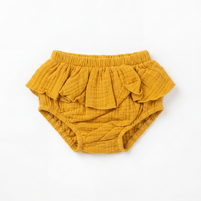 Girl Mustard Ruffled Bambula Bloomer — view 3 — handcrafted in Spain — AGÜ Baby