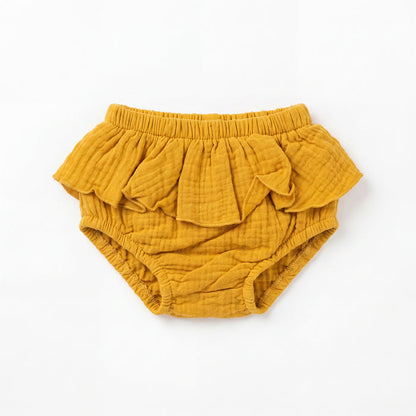 Girl Mustard Ruffled Bambula Bloomer — view 3 — handcrafted in Spain — AGÜ Baby