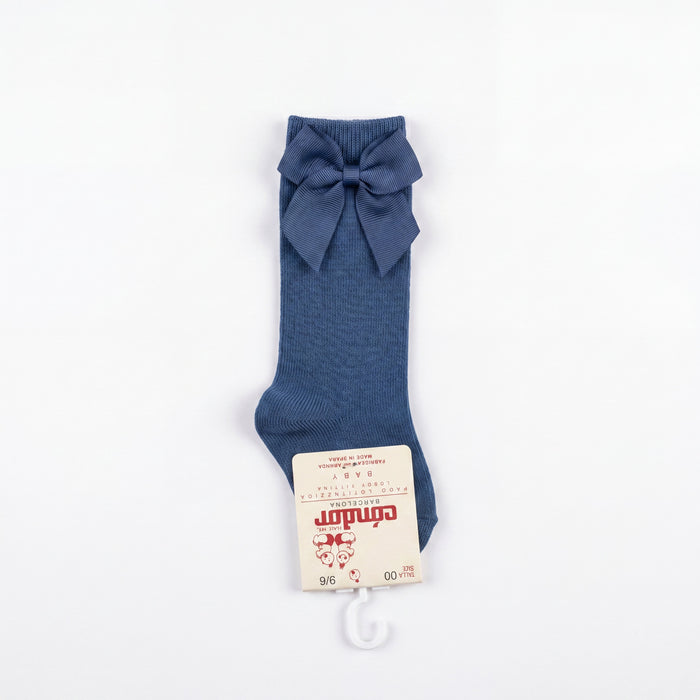 Girl Navy Blue High Socks with Side Bow — view 3 — handcrafted in Spain — AGÜ Baby
