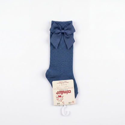 Girl Navy Blue High Socks with Side Bow — view 3 — handcrafted in Spain — AGÜ Baby