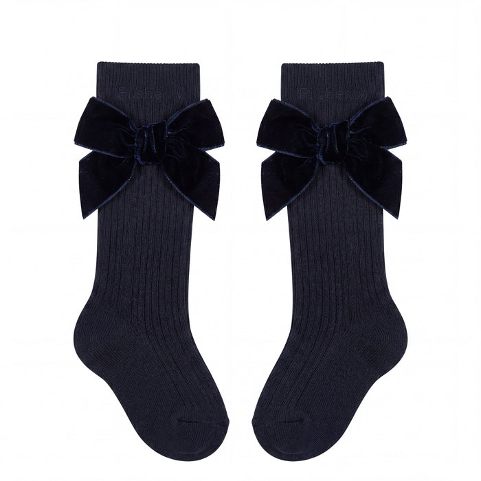 Girl Navy Blue High Socks with Side Velvet Bow — AGÜ Baby Spanish baby clothes