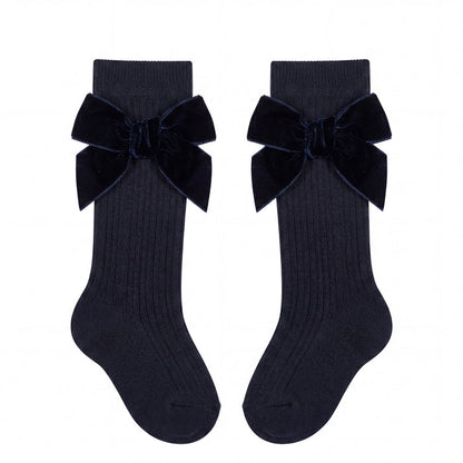 Girl Navy Blue High Socks with Side Velvet Bow — AGÜ Baby Spanish baby clothes