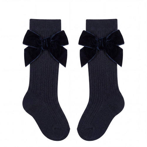 Girl Navy Blue High Socks with Side Velvet Bow — AGÜ Baby Spanish baby clothes