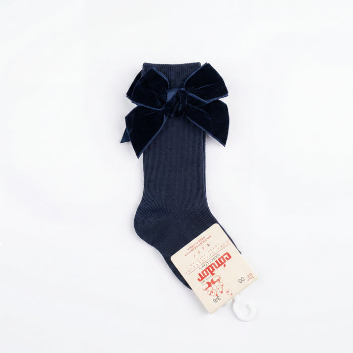 Girl Navy Blue High Socks with Side Velvet Bow — view 3 — handcrafted in Spain — AGÜ Baby