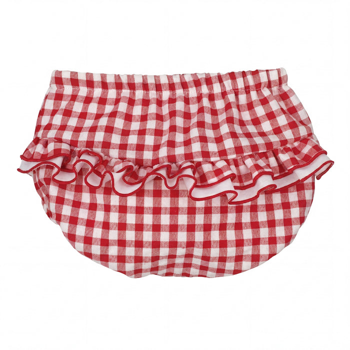 Girl Red Vichy Ruffle Bloomer — view 3 — handcrafted in Spain — AGÜ Baby