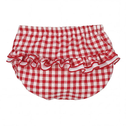 Girl Red Vichy Ruffle Bloomer — view 3 — handcrafted in Spain — AGÜ Baby