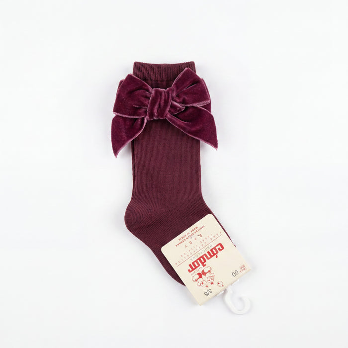 Girl Red Wine High Socks with Side Velvet Bow — view 3 — handcrafted in Spain — AGÜ Baby